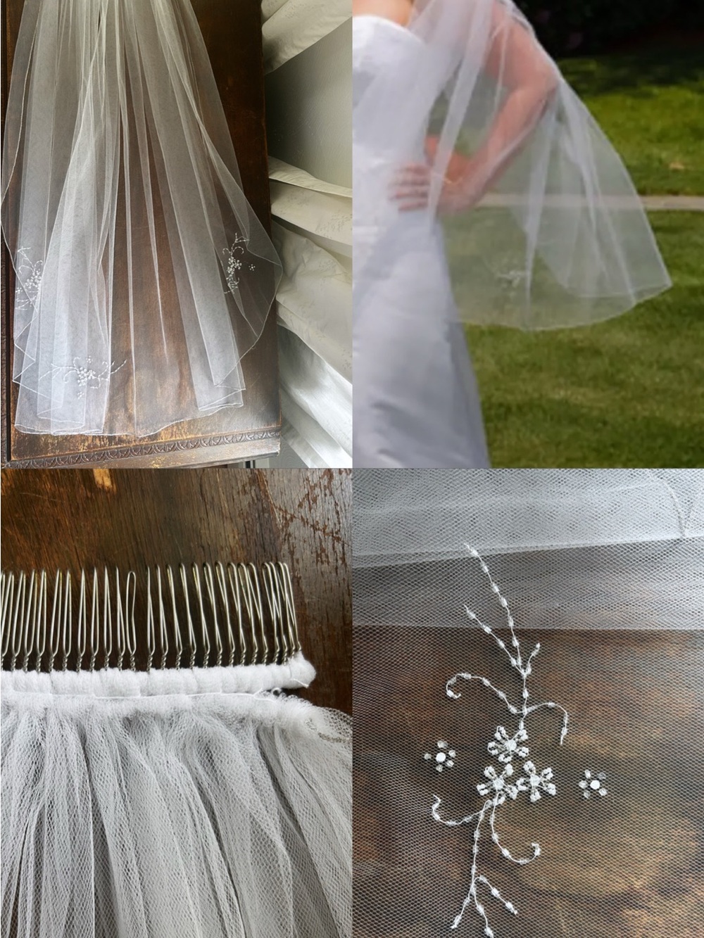Sheer White Two-Tier Bridal Veil with Floral Embroidery and silver edge